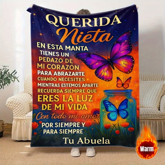 Spanish Grandma Granddaughter Love Blanket Flannel All Season Bedspread Abuela Themed Gift "Querida Nieta" Message Butterfly Spanish Phrases Heartfelt Keepsake Girls Women Spanish Family