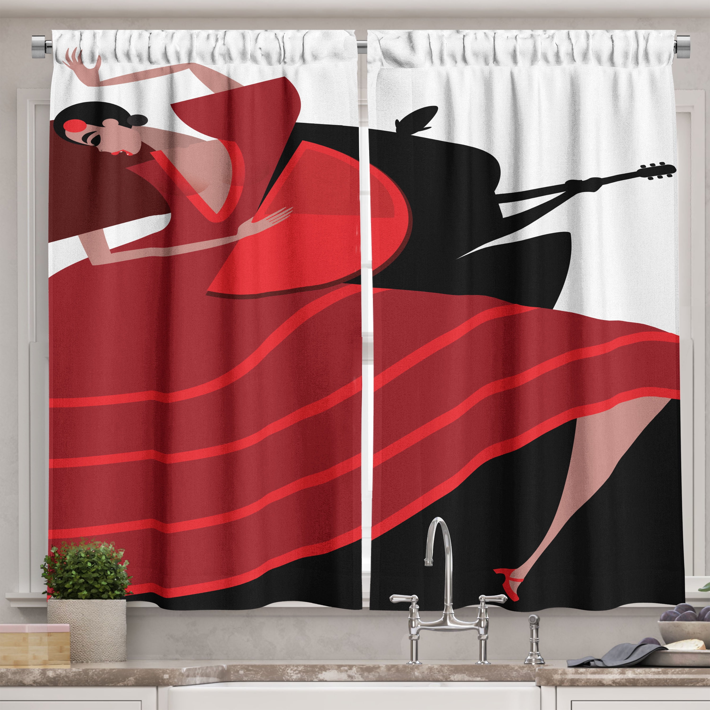 Spanish Kitchen Curtains, Baile Flamenco Dancing Woman Silhouette of