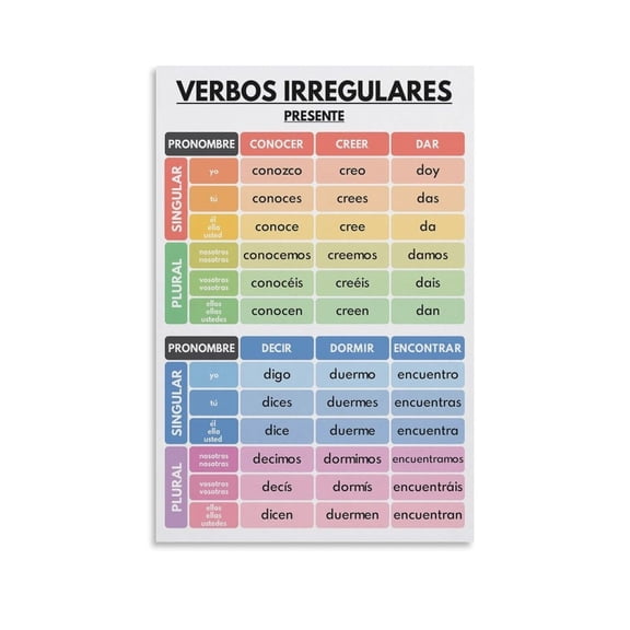 Spanish Language, IRREGULAR VERBS, Verb Conjugation, Grammar Chart, Spanish Classroom, Educational, Canvas Wall Art Print Poster For Home School Office Decor