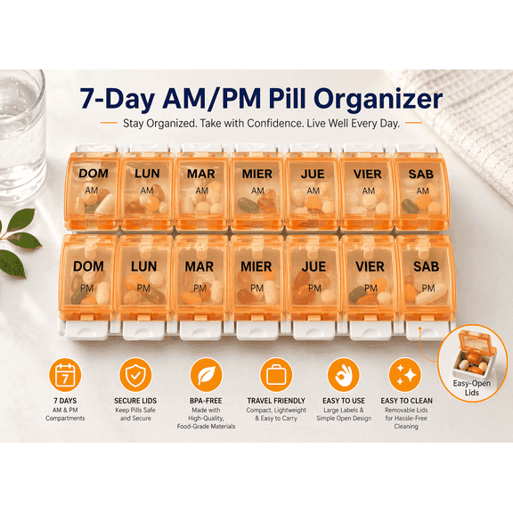 Healthaccessories Spanish 7 Day Twice-a Day AM PM Weekly Pill Planner Organizer. Easy see through.