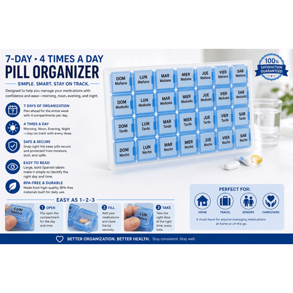 Pastillero Espaol Organizador Semanal | Spanish Pill Container 7 Day Four Times a Day for Entire Week. 4 compartimentos al Dia. Para un semana