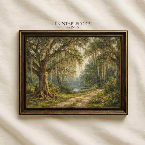 Spanish Moss Oak Tree Path Print Southern Bayou Landscape Wall Art Louisiana Nature Vintage Green Forest Art
