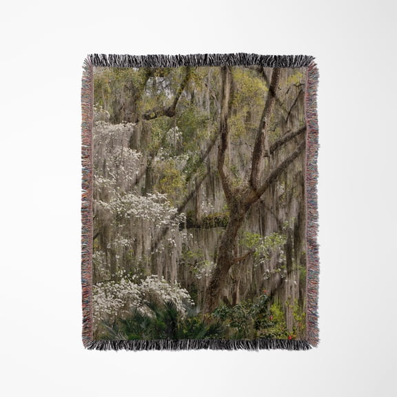 Spanish Moss On Flowering Dogwood And Oak Trees, Savannah, Georgia, Woven Blanket