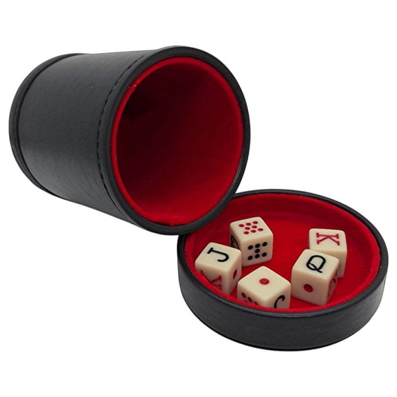 Spanish Poker Dice Set - Black Leatherette Red Felt Cup w/Lid - Classic Ivory Dice