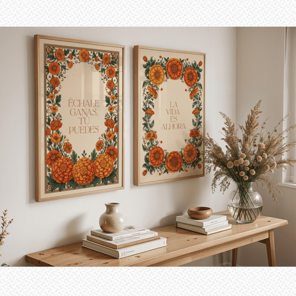 Spanish Quote Marigold Mexican Folk Floral Poster Set 2 Prints Set 2 , Poster Only