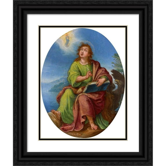 Spanish School 12x14 Black Ornate Wood Framed Double Matted Museum Art Print Titled: Saint John the Evangelist (17th Century)