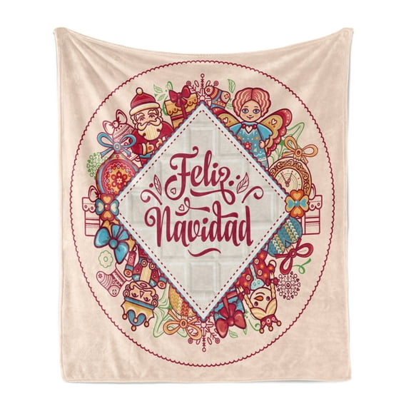 Spanish Soft Flannel Fleece Blanket, Christmas Elements and Celebration Theme Feliz Navidad Message in Spanish Language, Cozy Plush for Indoor and Outdoor Use, 50" x 60", Multicolor, by Ambesonne