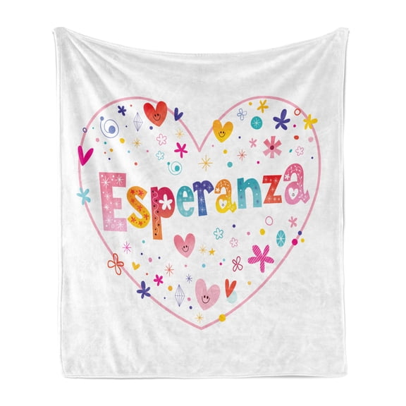 Spanish Soft Flannel Fleece Blanket, Esperanza Girls Name in Floral Heart Shape Romance Love Birthday Celebration Theme, Cozy Plush for Indoor and Outdoor Use, 50" x 70", Multicolor, by Ambesonne