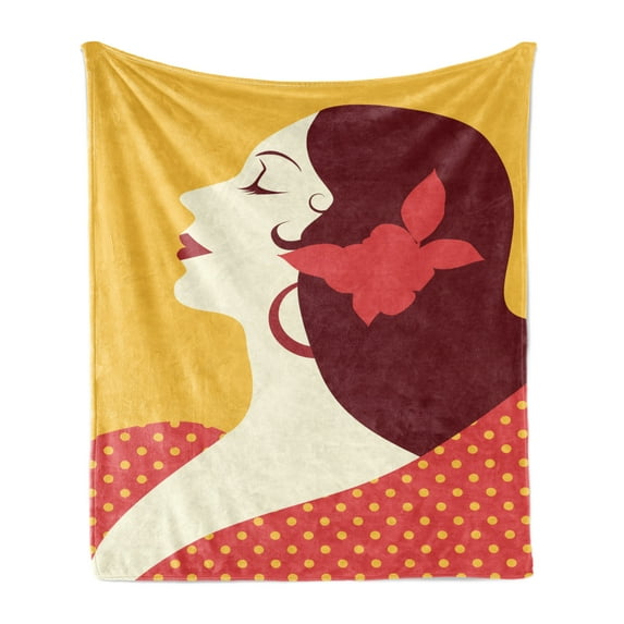 Spanish Soft Flannel Fleece Blanket, Flamenco Woman in Retro Polka Dot Dress with Flower in Her Hair Rhythm Dancer, Cozy Plush for Indoor and Outdoor Use, 60" x 80", Earth Yellow Red, by Ambesonne