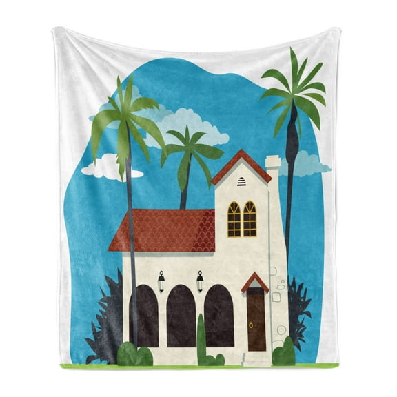 Spanish Soft Flannel Fleece Blanket, Old Fashioned Mediterranean Cottage House with Palm Trees Latin Architecture Print, Cozy Plush for Indoor and Outdoor Use, 60" x 80", Multicolor, by Ambesonne