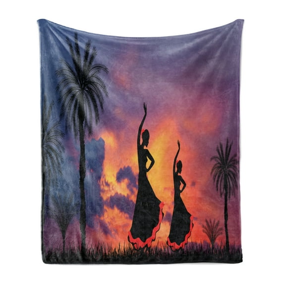 Spanish Soft Flannel Fleece Blanket, Silhouette of 2 Girls Dancing Flamenco with Dramatic Cloudy Sunset Sky Background, Cozy Plush for Indoor and Outdoor Use, 60" x 80", Multicolor, by Ambesonne
