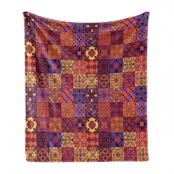Spanish Soft Flannel Fleece Throw Blanket, Azulejo Moroccan Tiles in Vibrant Historical Cultural Artwork Mosaic Print, Cozy Plush for Indoor and Outdoor Use, 50" x 60", Multicolor, by Ambesonne