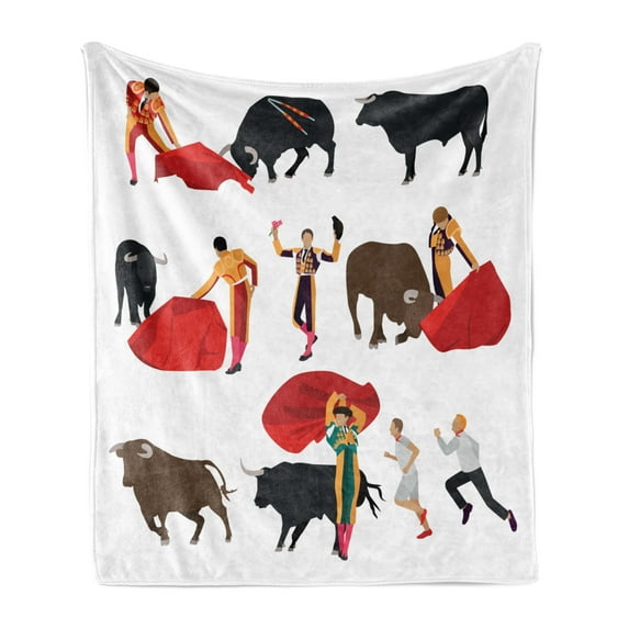 Spanish Soft Flannel Fleece Throw Blanket, Bullfighting Corrida People Crowd Matadors with Bulls Red Cape Pidacor Folk, Cozy Plush for Indoor and Outdoor Use, 50" x 70", Multicolor, by Ambesonne