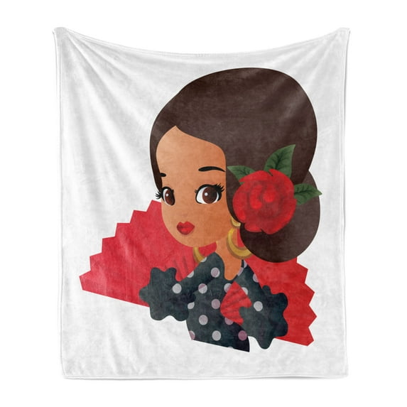 Spanish Soft Flannel Fleece Throw Blanket, Chibi Character in Flamenco Costume with Rose Flower on Her Hair Girl Cartoon, Cozy Plush for Indoor and Outdoor Use, 60" x 80", Multicolor, by Ambesonne