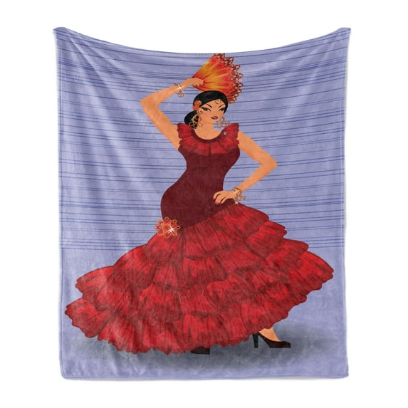 Spanish Soft Flannel Fleece Throw Blanket, Daincing Cartoon Lady with a Fan and Ethnic Clothes, Cozy Plush for Indoor and Outdoor Use, 60" x 80", Maroon Vermilion, by Ambesonne