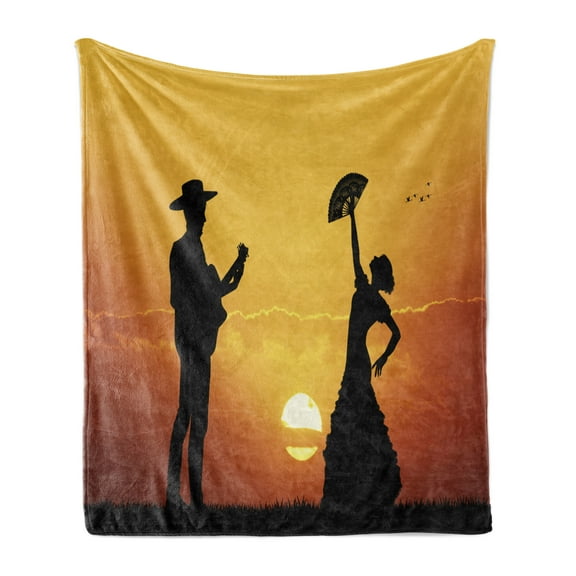 Spanish Soft Flannel Fleece Throw Blanket, Flamenco Couple Dancer and Guitarist Silhouettes at Sunset Scenery, Cozy Plush for Indoor and Outdoor Use, 50" x 60", Yellow Black Dark Orange, by Ambesonne