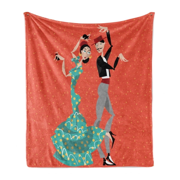 Spanish Soft Flannel Fleece Throw Blanket, Flamenco Dancers Couple Performing in Historical Folk Dress Latino Tradition, Cozy Plush for Indoor and Outdoor Use, 70" x 90", Multicolor, by Ambesonne