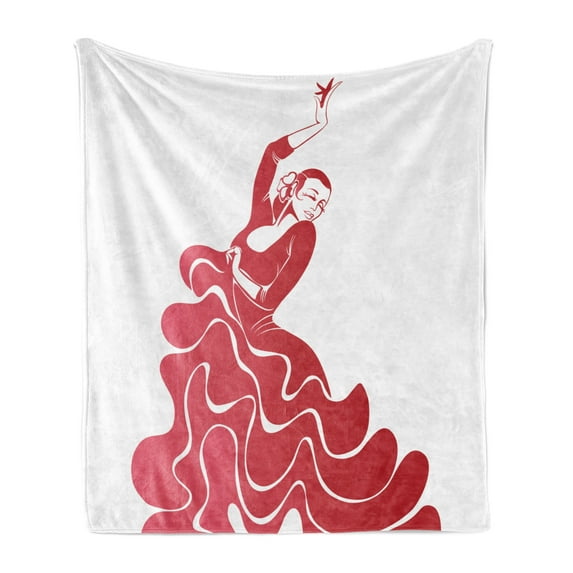 Spanish Soft Flannel Fleece Throw Blanket, Flamenco Lady Performing Historical on Stage Passion Illustration, Cozy Plush for Indoor and Outdoor Use, 70" x 90", Dark Coral Red White, by Ambesonne