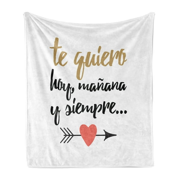 Spanish Soft Flannel Fleece Throw Blanket, Te Quiero Hoy Manana Y Siempre Love Words with Heart on Arrow Valentines, Cozy Plush for Indoor and Outdoor Use, 60" x 80", Black Camel White, by Ambesonne