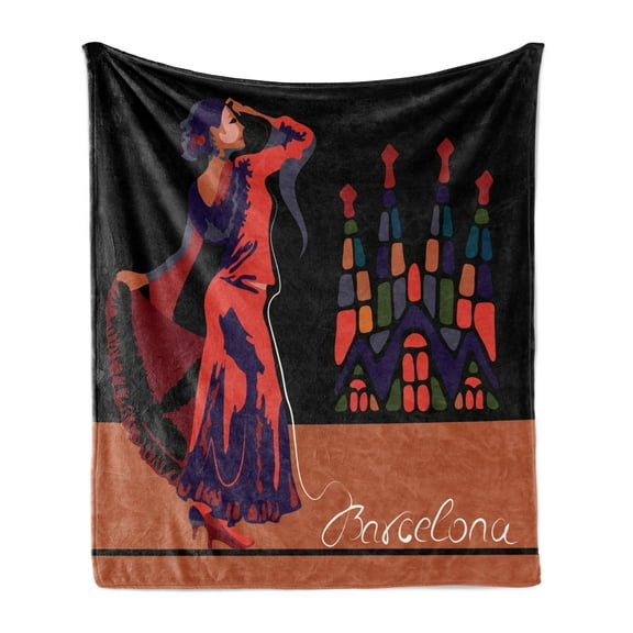 Spanish Soft Flannel Fleece Throw Blanket, Traditional Dancer Woman in Barcelona City with Historical Architecture Vibrant, Cozy Plush for Indoor and Outdoor Use, 70" x 90", Multicolor, by Ambesonne