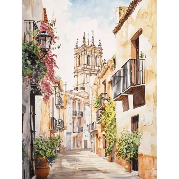 Spanish Street Scene Watercolor Painting/Canvas Print， Perfect for Living Room，Dining Room，and Hallway Decoration.