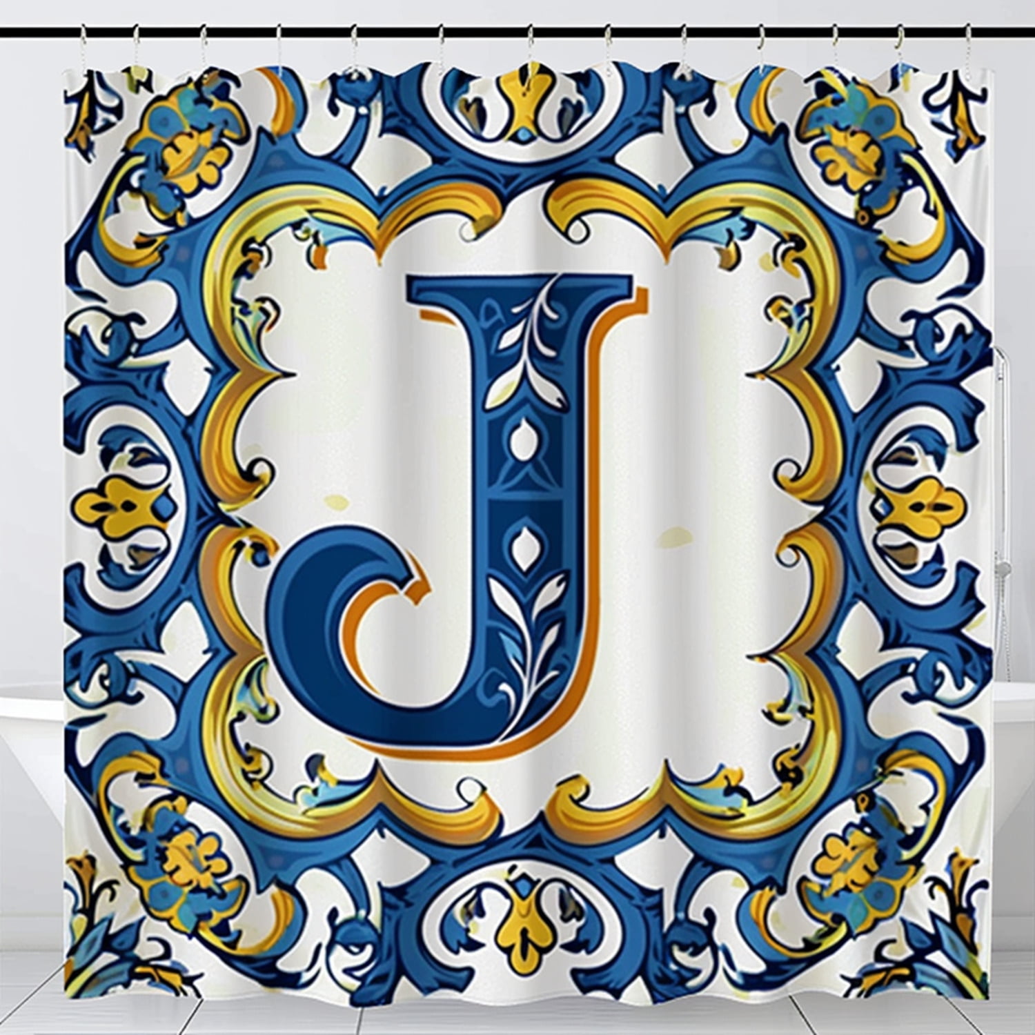 Spanish Style Shower Curtain with Vibrant Blue and Yellow J Letter