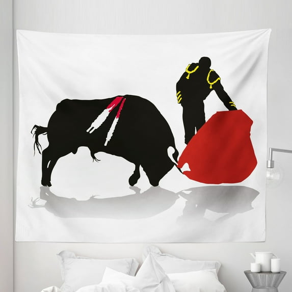 Spanish Tapestry, Bullfighter in Action Arena Matador Historical Sports Latin Culture, Fabric Wall Hanging Decor for Bedroom Living Room Dorm, 5 Sizes, Black Vermilion Yellow, by Ambesonne