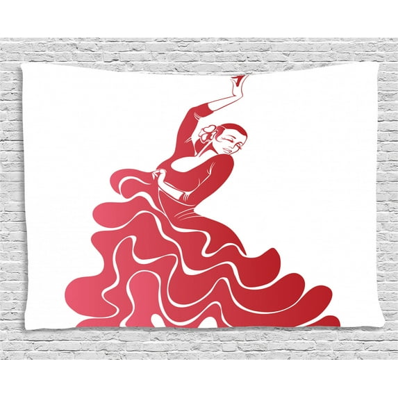 Spanish Tapestry, Flamenco Lady Performing Historical Figures on Stage Passion Illustration, Wall Hanging for Bedroom Living Room Dorm Decor, 80W X 60L Inches, Dark Coral Red White, by Ambesonne