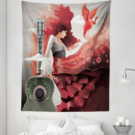 Spanish Tapestry, Spain Culture Theme with Flamenco Dancer Lady Guitar Latin Fest European Art, Fabric Wall Hanging Decor for Bedroom Living Room Dorm, 5 Sizes, Multicolor, by Ambesonne