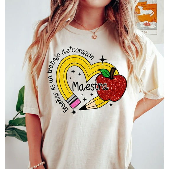 Spanish Teacher Rainbow Pencil T-Shirt, Teach Love Inspire Maestra Shirt, Faux Sequin Sparkle Tee, Cute Teacher Gift Idea
