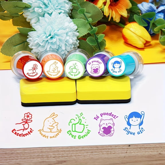 Spanish Teacher Stamps Set, 5 Self-Inking Motivational Feedback Stamps for Classroom Grading