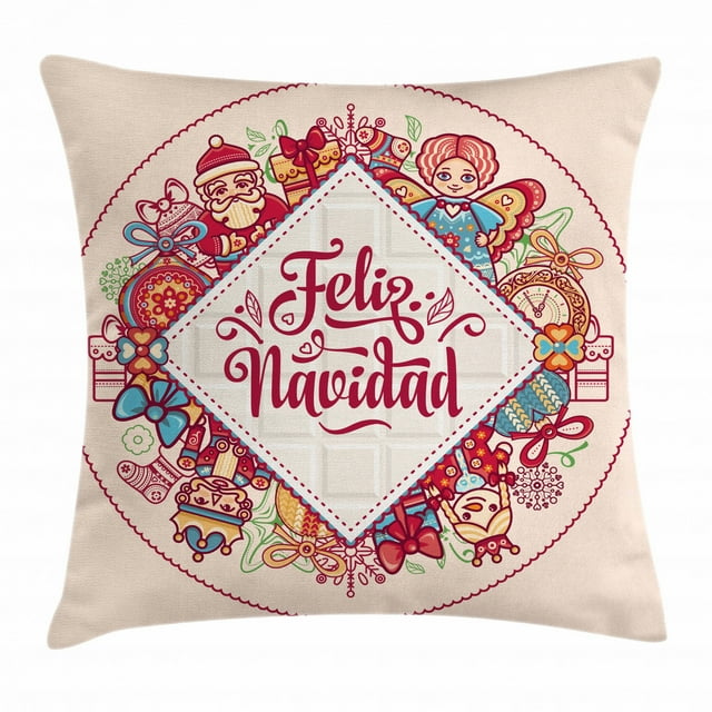 Spanish Throw Pillow Cushion Cover, Christmas Elements and Celebration Theme Feliz Navidad Message in Spanish Language, Decorative Square Accent Pillow Case, 20 X 20 Inches, Multicolor, by Ambesonne