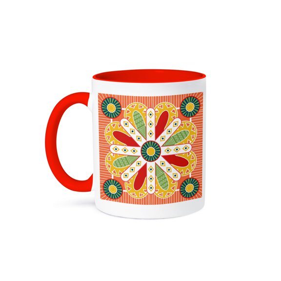 3drose, Spanish Tile Design Orange and Green, 11oz Two-tone Red Mug