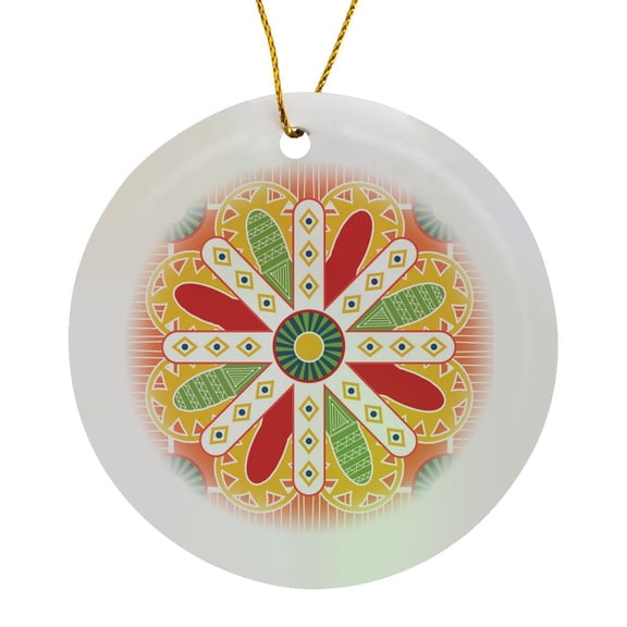 3drose, Spanish Tile Design Orange and Green, Circle Porcelain Ornament