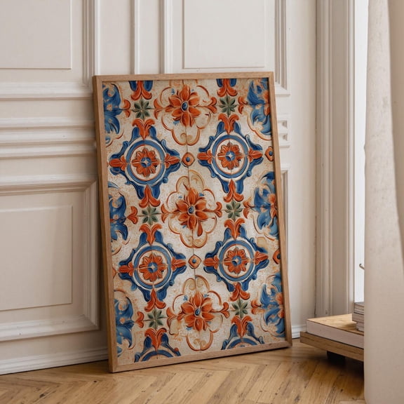 Spanish Tile Pattern Mediterranean Azulejos Design Blue Terracotta Ceramic Style Décor, Unframed Poster