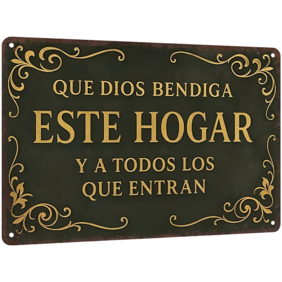 Spanish Vintage Tin Wall Sign with Que Dios Bendiga Este Hogar, God Bless This Home Wall Decor with Gold Lettering, Metal Plaque for Religious Home Decor, Office, Cafe and Restaurant