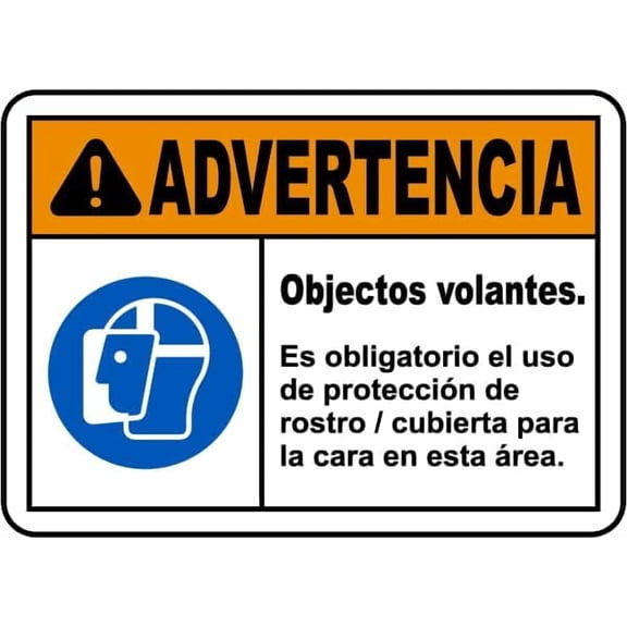 Spanish Warning Flying Objects Face Shield Required Sign Signs Personal Protection Metal Tin \8 x 12 Inch for Home or Work
