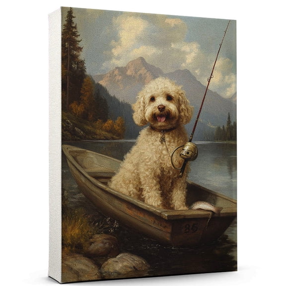 Spanish Water Cute Dog Fishing Canvas Canvas  Retro Spanish Water Dog Batter in Action With Fishing for Themed Living Room, Pet Shop Decor