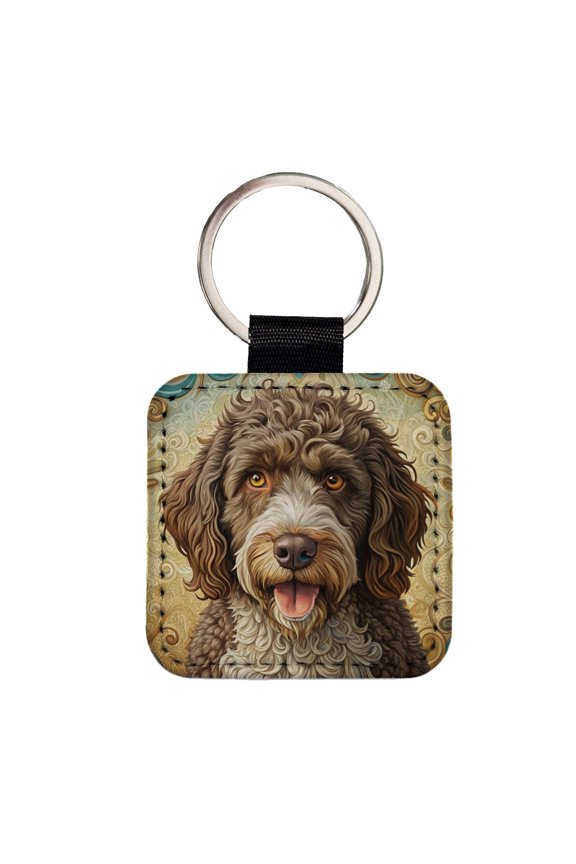 Spanish Water Dog Art Nouveau Faux Leather Square Keychain