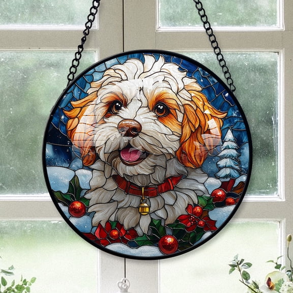 Spanish Water Dog Ornament Christmas 2025 - Spanish Water Dog Christmas Stained Glass SunCatcher for Window, Dog Xmas Holiday Home Decor