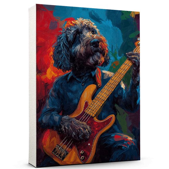 Spanish Water Dog Stretched Canvas Size 8x12 – Cute Spanish Water Canvas Wall Art of Puppy Playing Bass Guitar, Perfect for Dog and Music Fans