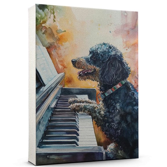 Spanish Water Dog Stretched Canvas Size 8x12 – Piano Theme Dog Art for Wall, Spanish Water Dog Playing Piano Wall Art, Dog Lover Canvas Decor