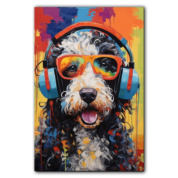 Spanish Water Wall Art - Funny Dog Canvas Canvas for Kids' Room 11x17inch - Colorful Puppy with Earphone Pictures Framed Ready to Hang