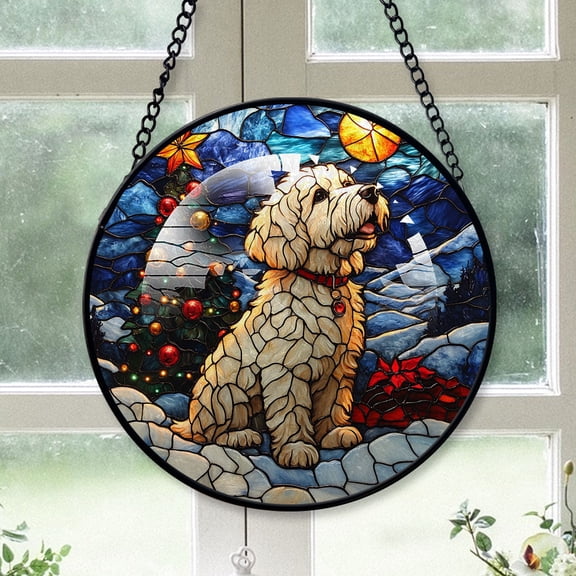 Spanish Water Xmas Dog Ornament Christmas 2025 - Spanish Water Dog Christmas Stained Glass SunCatcher for Window, Dog, Christmas Hanging, Xmas Decor,