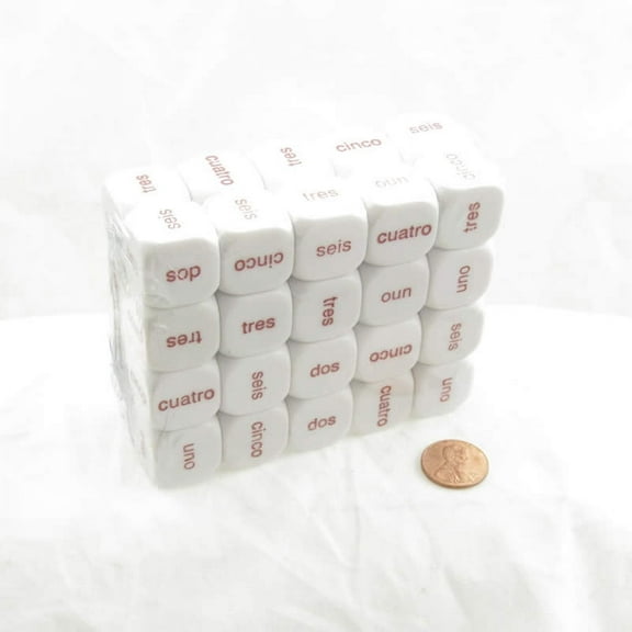 Spanish Word Numbers 1 - 6 White Dice D6 Red Words 20mm (25/32 inch) Pack of 40 Koplow