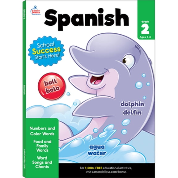 Pre-Owned Carson Dellosa Grade 2 Spanish Workbook, Numbers, Colors, Sight Words Vocabulary, Songs, and More, Bilingual Language Learning Classroom or Homeschool Curriculum (Brighter Child Workbooks)