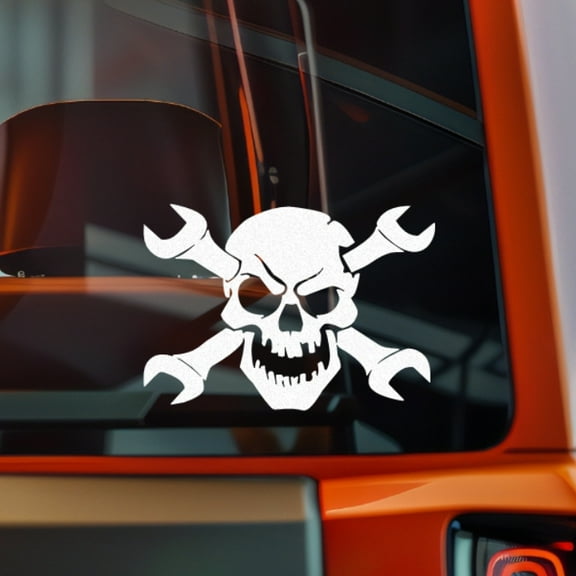 Spanner Skull Cross Vinyl Decal Sticker Bumper Window Laptop 5.5x4" White