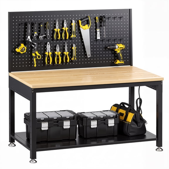 Spanspace 48" Multifunctional Heavy Duty Workbench for Garage with Pegboard, 2000LBS Load,Adjustable Worktable,Storage Shelf,LED Light, Built-in Power Strip