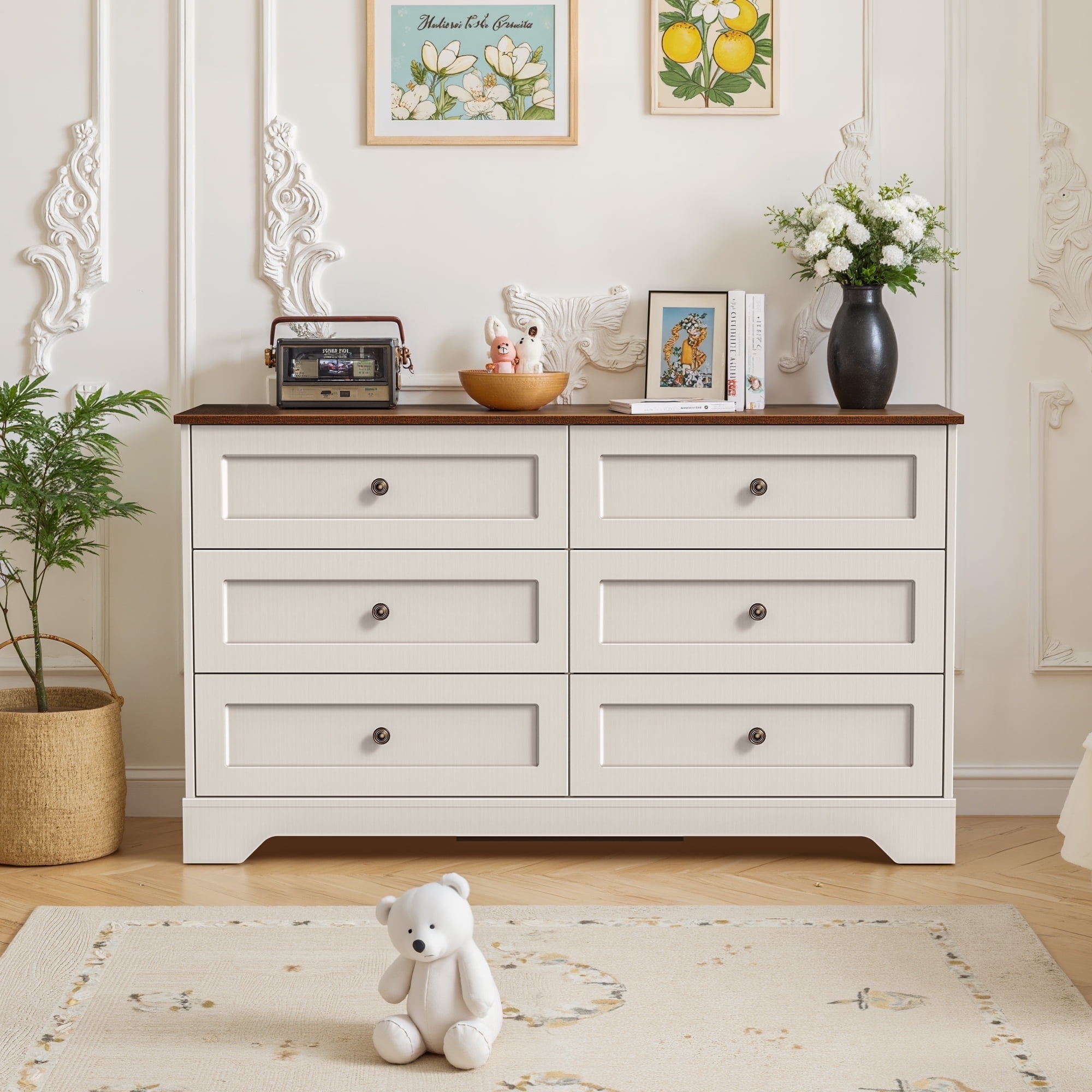 6 Drawers Dresser for Bedroom, 52" White Wood Chest of Drawers with Metal Vintage Handle, Farmhouse Storage Dressers Organizer TV Stand for Living Room, Hallway