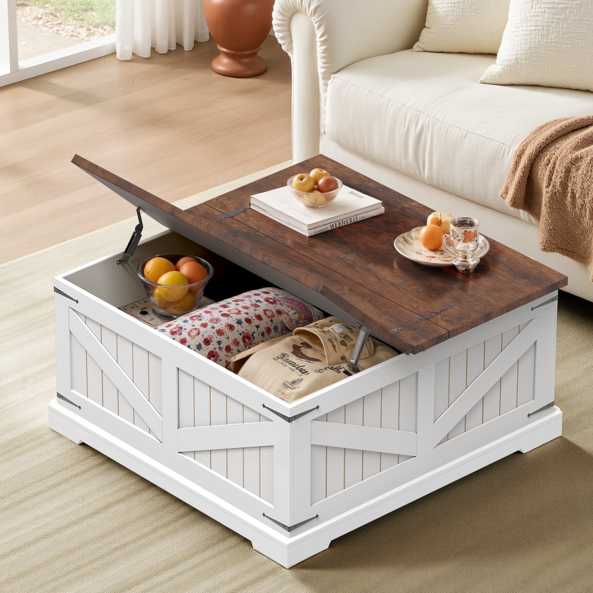 Spanspace Farmhouse Coffee Table with Storage, 31.5" Square Center Table with Dual Flip-Top Lids and Hidden Compartment, Rustic Wood Coffee Table for Living Room, Bedroom, Home Office, White